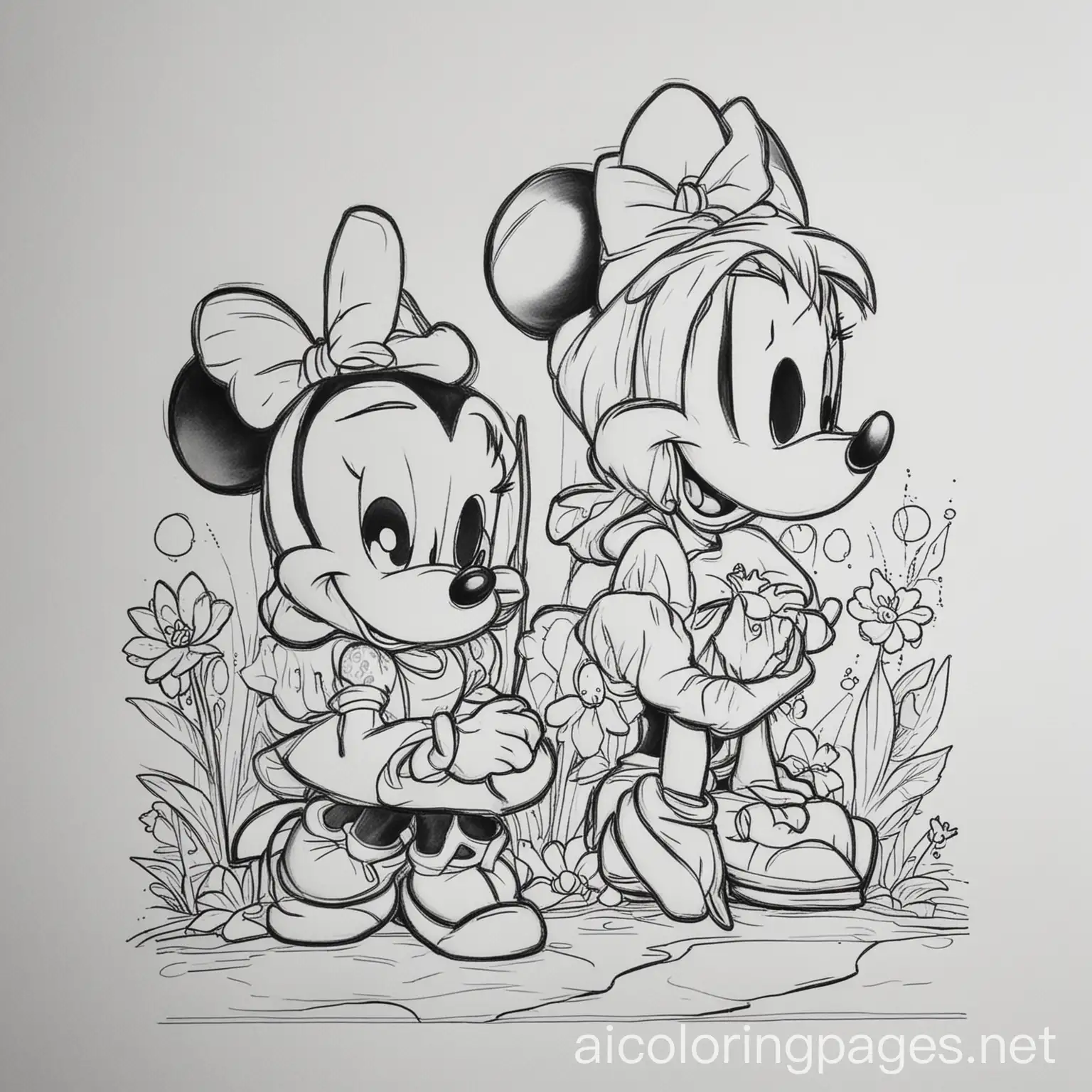 Minnie mouse and daisy duck, Coloring Page, black and white, line art, white background, Simplicity, Ample White Space. The background of the coloring page is plain white to make it easy for young children to color within the lines. The outlines of all the subjects are easy to distinguish, making it simple for kids to color without too much difficulty