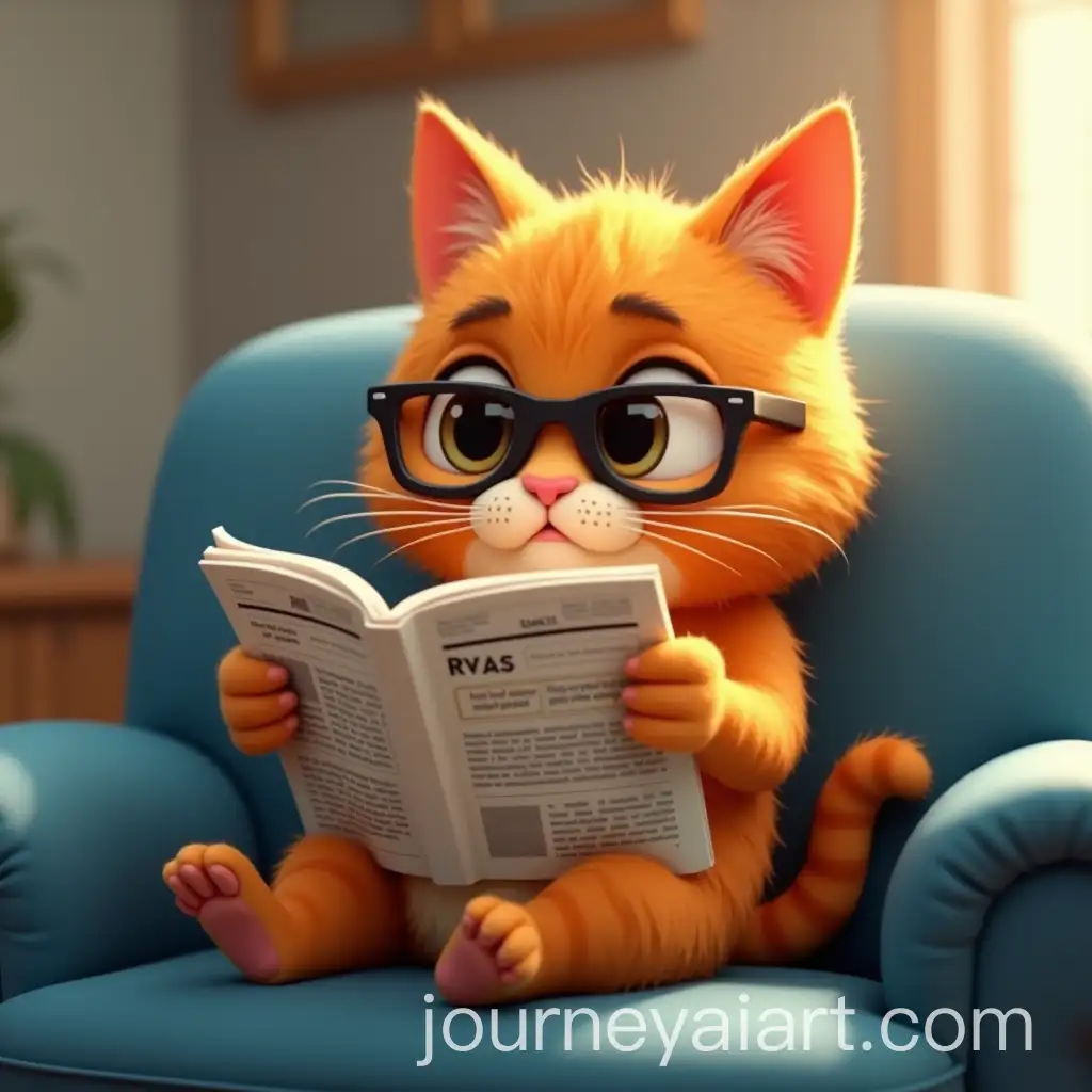 Chubby-Orange-Cat-with-Glasses-Reading-a-Newspaper-on-a-Blue-Sofa