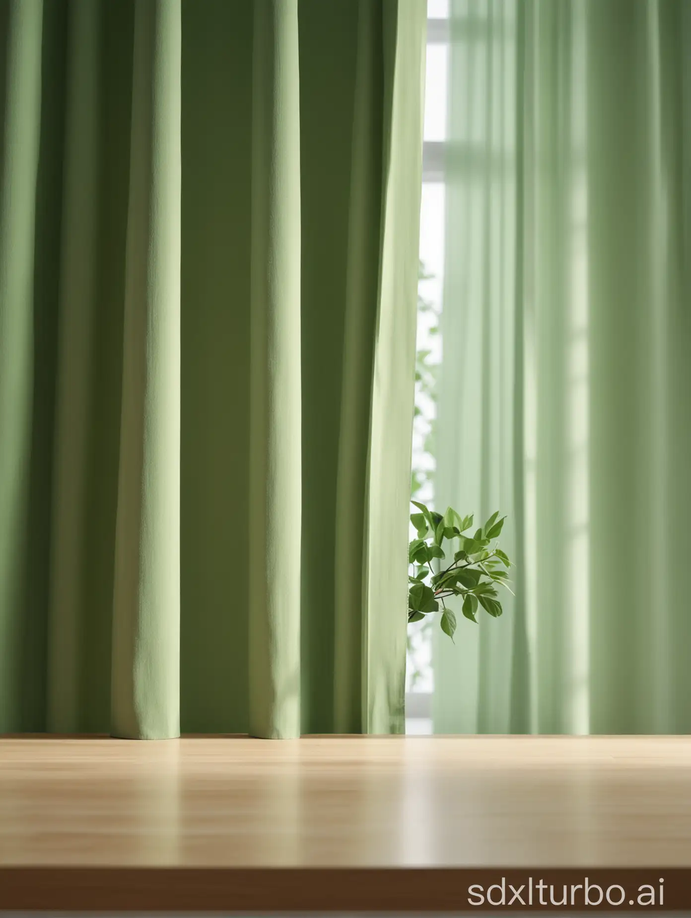 Product Photography,  close shot,  Curtains, 3D Geometry, Minimalist, Natural Light, Indoor Lighting, Minimalist Lighting Background from IKEA, Shot by Product Photography Pro with Hasu Camera, Shallow Depth of Field, close-up focus on the empty countertop ,  lightgreen Agfa clack style , Korean Wave playful streamlined shape ,  8K , peaceful atmosphere , realistic ultra-details --v 5.2 Focus on Center of Frame --ar 3:4