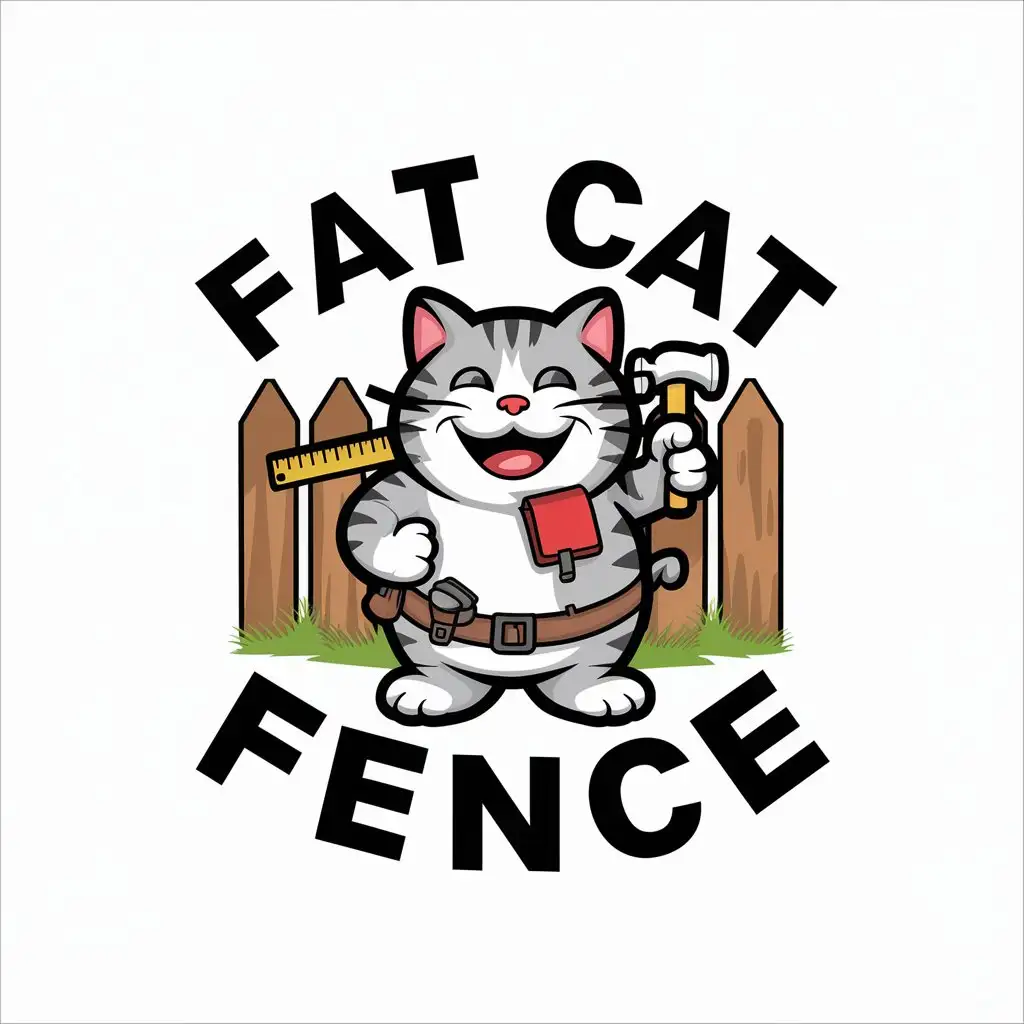 LOGO Design for Fat Cat Fence Bright Cartoon Mascot with Hammer and Fence Theme