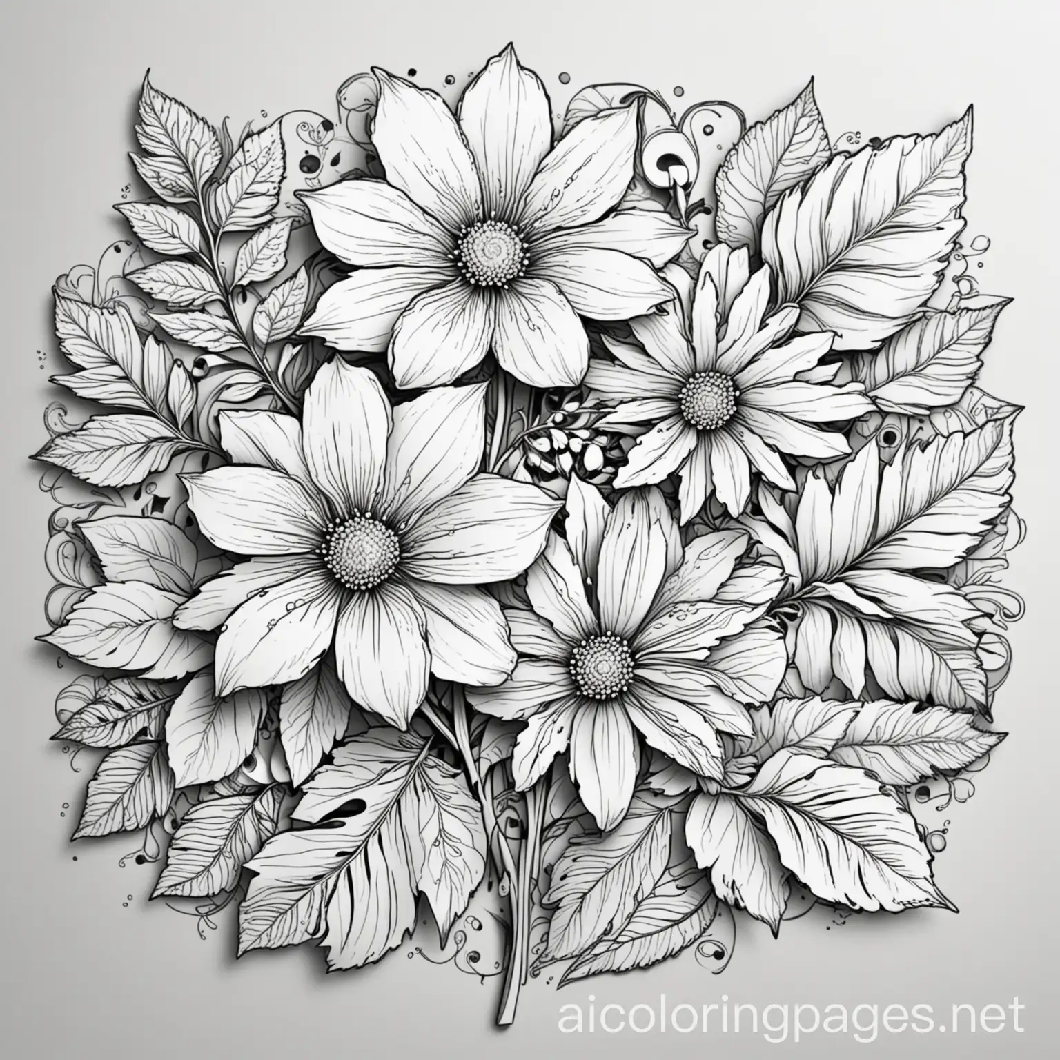 Detailed flowers with complex petals and leaves., Coloring Page, black and white, line art, white background, Simplicity, Ample White Space. The background of the coloring page is plain white to make it easy for young children to color within the lines. The outlines of all the subjects are easy to distinguish, making it simple for kids to color without too much difficulty