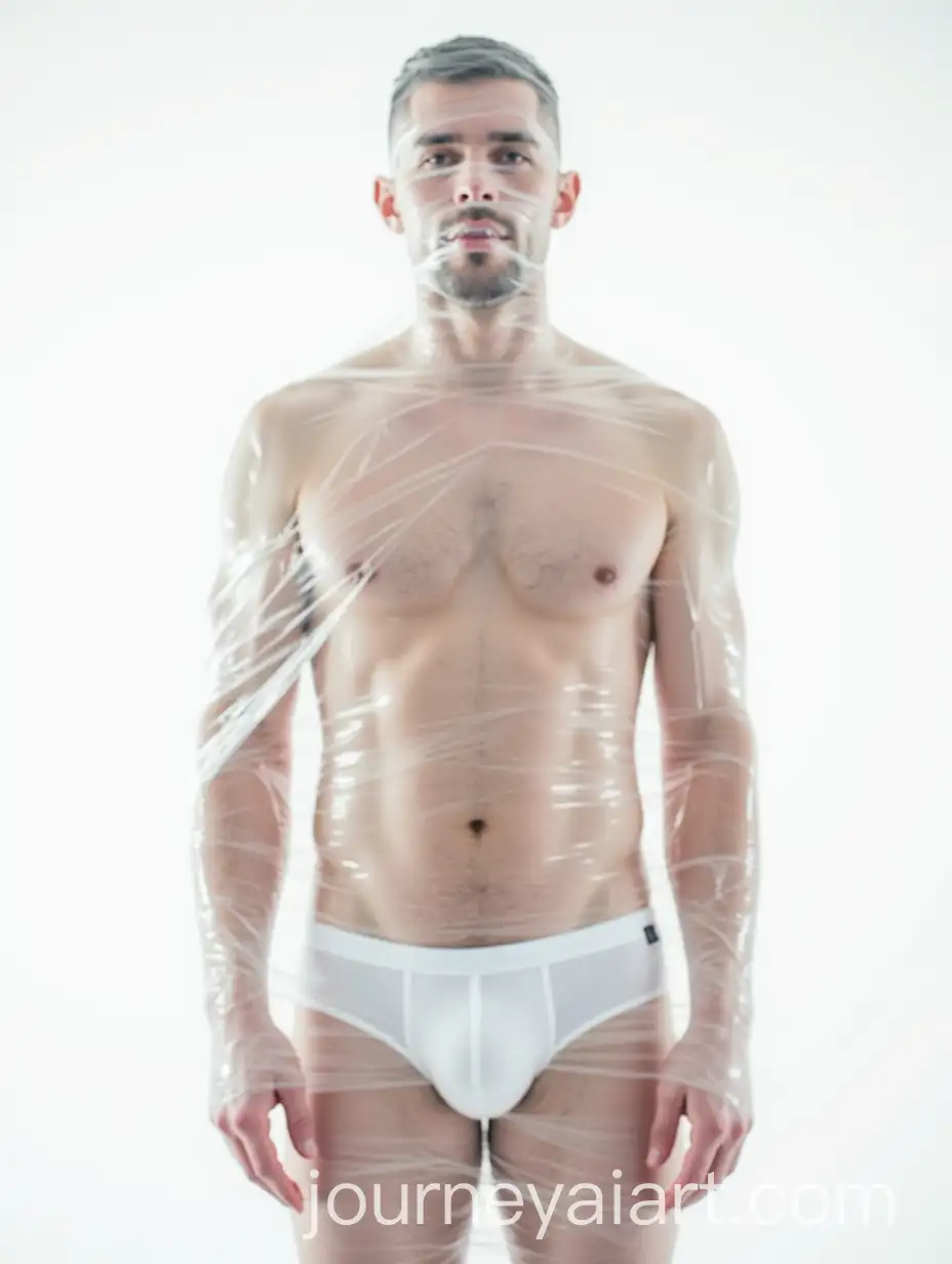 Man-Cocooned-in-Transparent-Cellophane-Layers-on-White-Background