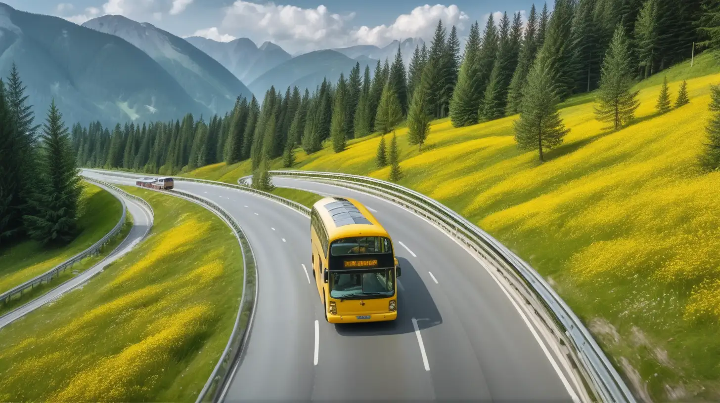 Yellow School Bus Navigating a Scenic Meadow Road