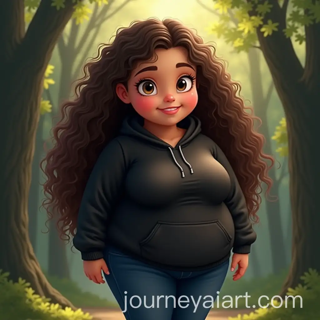 Cartoon-Chubby-Girl-in-Black-Hoodie-and-Jeans-in-the-Forest