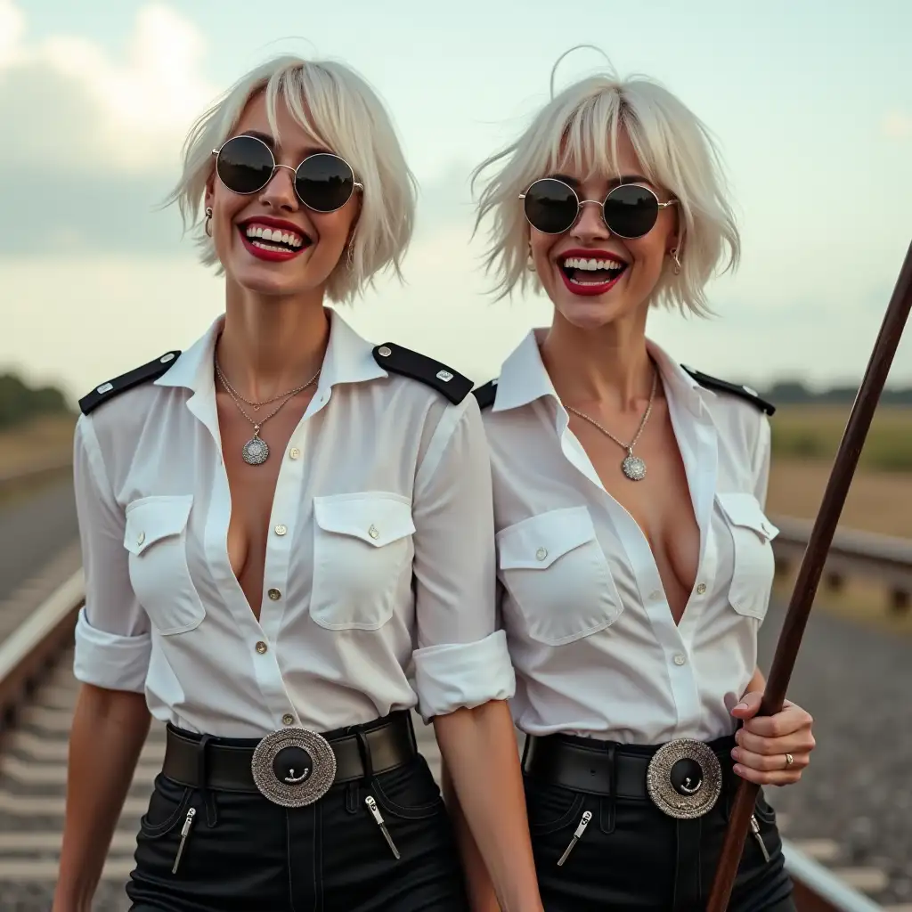 two white norvegian lady, in white deep-necked police shirt, laughing with her mouth open, red lipstick accentuating her smile,belt on waist, big wide hips, chest are fully grown, jewerly, short hair, HD, white skin, enjoing on rails, aviator sunglasses, holding a long riding crop, photo-realism