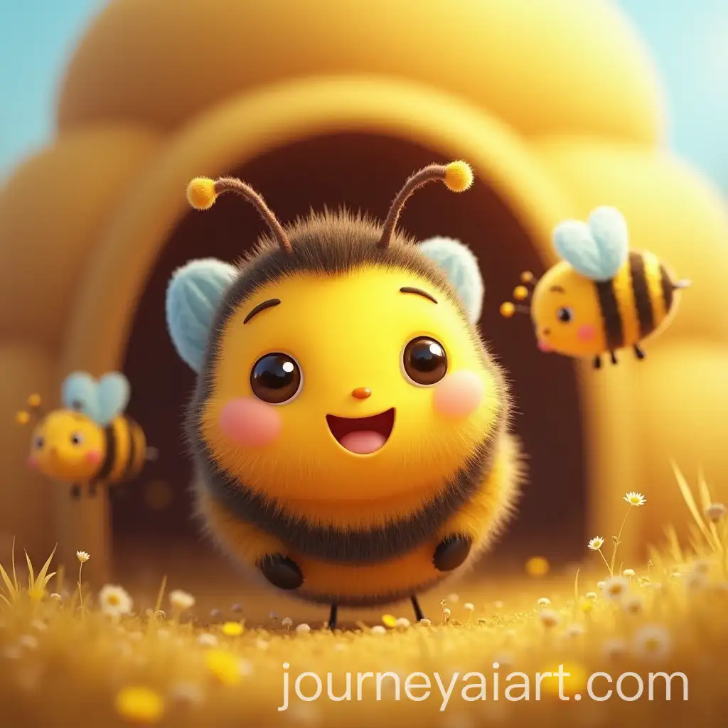 Happy-Cartoon-Bee-Inside-Beehive-with-Flying-Bees-Background