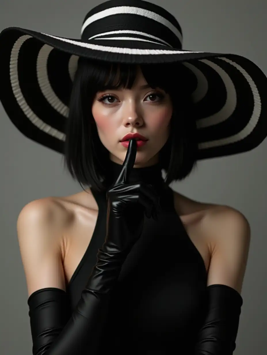 European-Female-Model-in-Black-and-White-Striped-Hat-with-Gloves-Photorealistic-Style