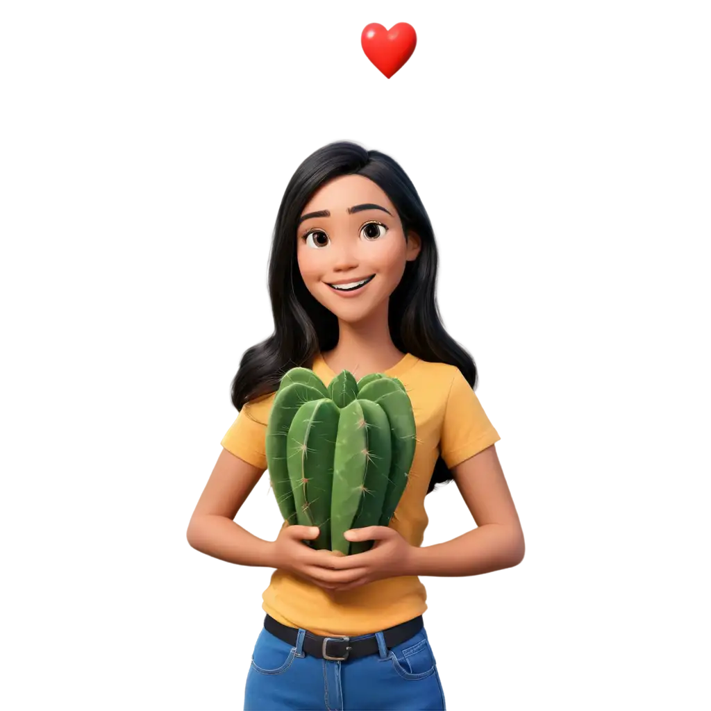 PNG-Image-of-a-Girl-with-Black-Long-Hair-and-Tan-Skin-in-Pixar-Style-Holding-a-Cactus