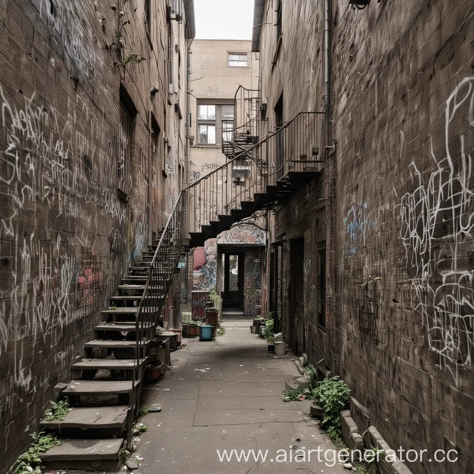 a small alley with an iron staircase on the side and graffiti on the walls