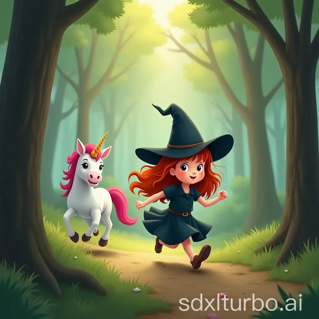 Create an image of a cute witch running through a forest chased by a unicorn