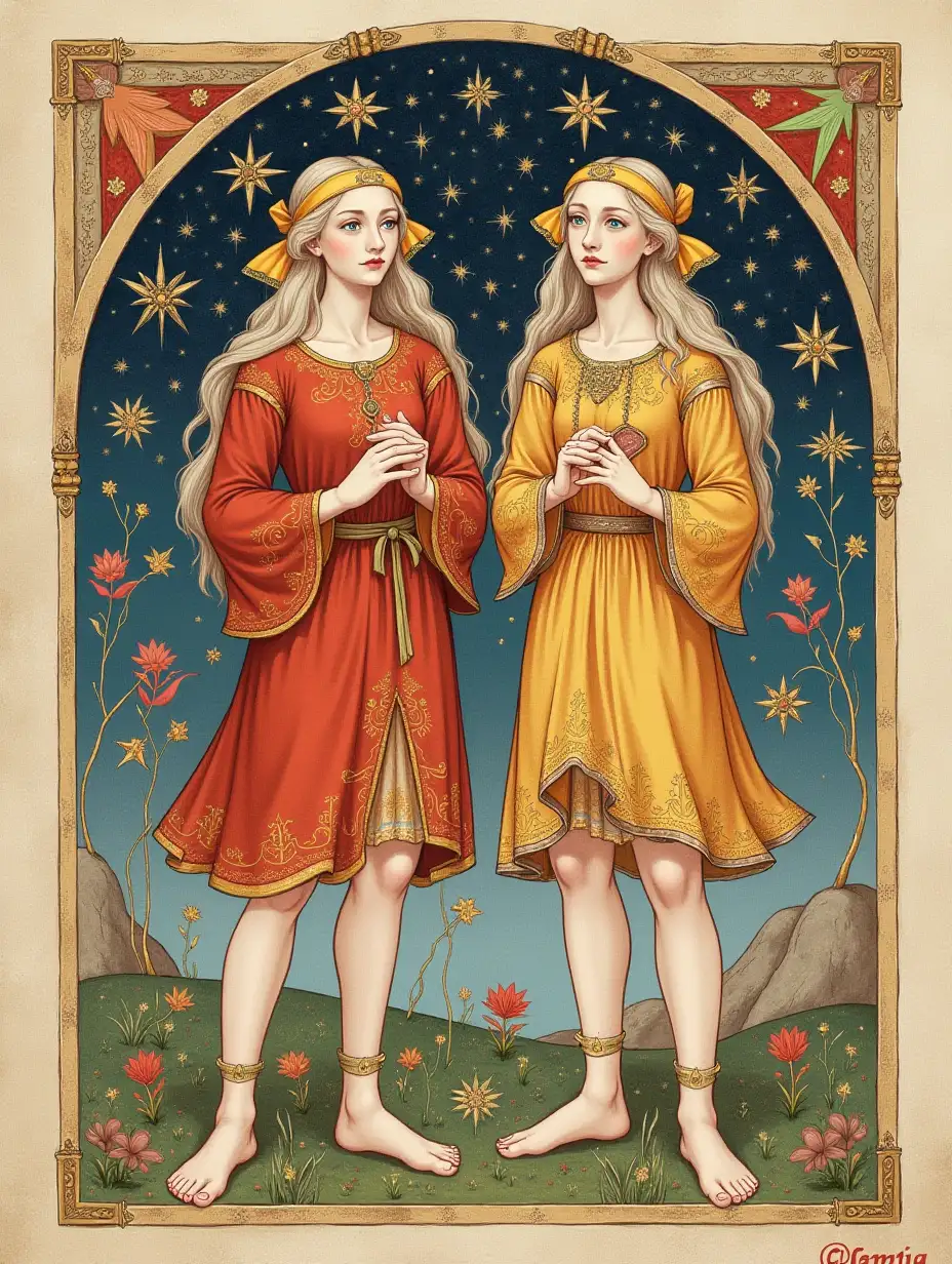 Twin zodiac sign, in the style of 15th-century book miniatures, high detailing,