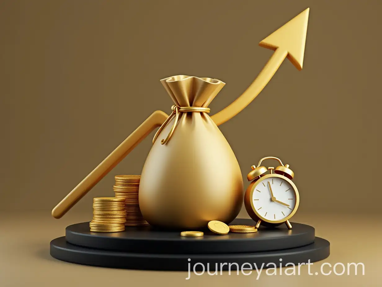 Golden-Financial-Concept-with-Money-Bag-Alarm-Clock-and-Upward-Arrow-Representing-Wealth-Growth