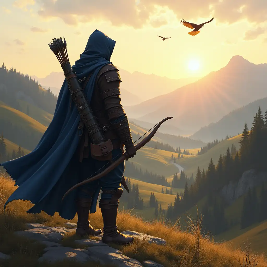 Artwork of an adventurer in a medieval fantasy world. The character stands amidst a vast, wild landscape of rolling hills, dense forests, and distant mountains. The camera is positioned far enough to capture both the adventurer and the sweeping expanse of wilderness. Birds are flying in the sky. The character wears rugged leather armor and a dark blue, flowing cape that billows in the wind. A hood is hiding the character face. We don't see the character visage since she is watching the horizon. We look from the back of the character as he look forward. The character hold a bow on his side with a clearly visible string that goes from one extremity of the bow to the other. A full cylinder quiver of arrows is secured on his back with a strap on top of the cape, clearly separated from other gear. The scene is bathed in the warm, golden light of a setting sun, casting long shadows and highlighting the sense of grandeur and adventure. Ensure the elements are distinct and do not overlap unnaturally, with all details clear and harmonious.