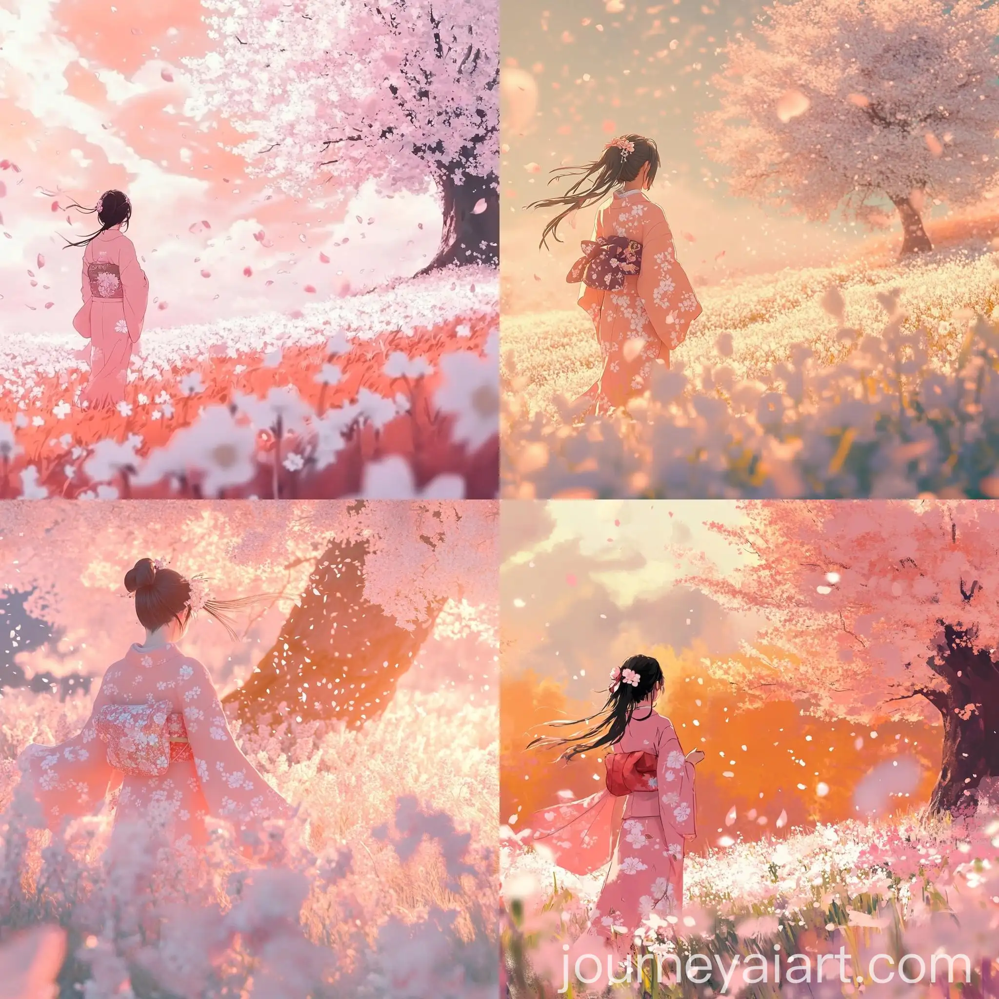Girl-in-Pink-Kimono-Standing-by-Cherry-Blossom-Tree-in-Field-of-Flowers