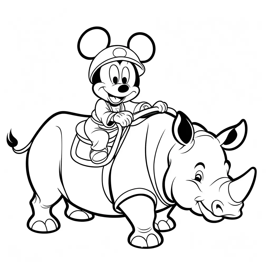 mickey mouse riding on a rhino , Coloring Page, black and white, line art, white background, Simplicity, Ample White Space. The background of the coloring page is plain white to make it easy for young children to color within the lines. The outlines of all the subjects are easy to distinguish, making it simple for kids to color without too much difficulty