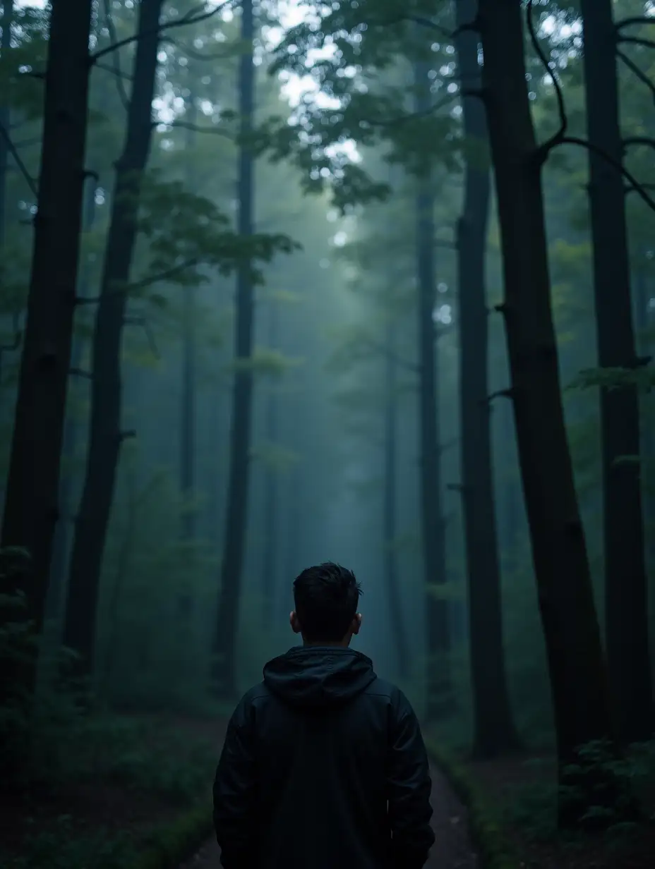 Man in front of a dense and dark forest