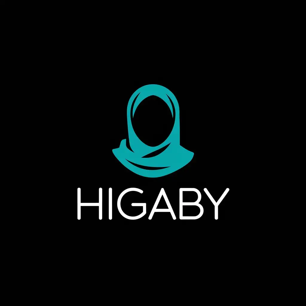 a vector logo design,with the text "HIGABY", main symbol:Give me a logo template for a Store Selling Islamic Hijabs featuring a Head of a Veiled Woman. The design should be flat, graphic, and in vector format, using turquoise colors on a black background. Emphasize negative space, minimal details, and ensure it looks professional and practical.,Moderate,be used in Islamic industry,clear background