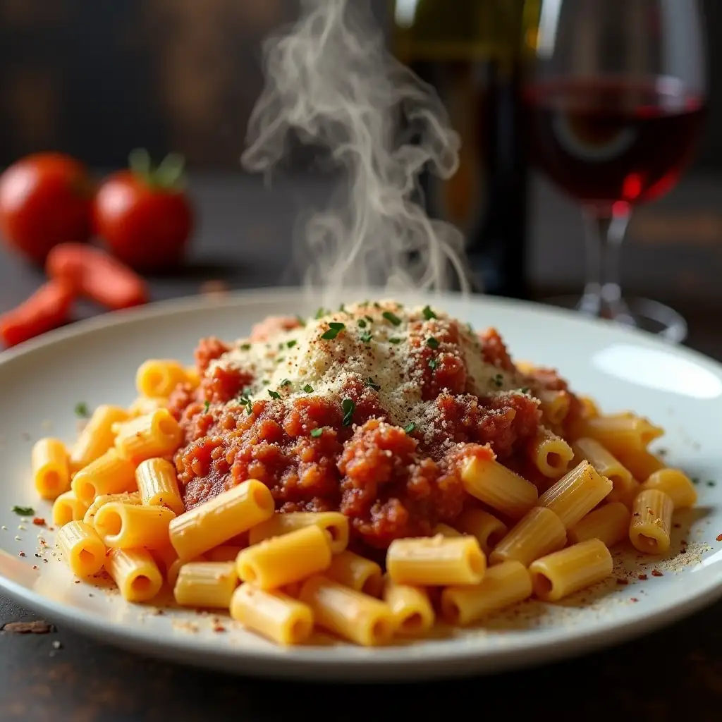 On a beautiful stylish plate lie delicious Italian macaroni. Steam rises from them. They are generously covered in cheese and topped with a red-brown sauce. Sprinkled with spices and herbs on top. A glass and bottle of red wine stand nearby. Bright juicy colors. Hyperrealism.