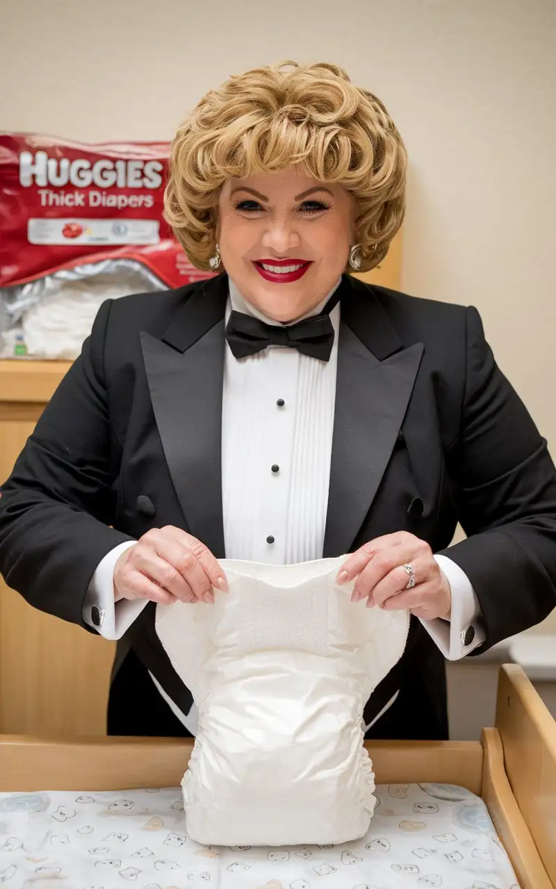 Smiling-Caucasian-Woman-in-Formal-Tuxedo-at-Changing-Table-with-Huggies-Diapers