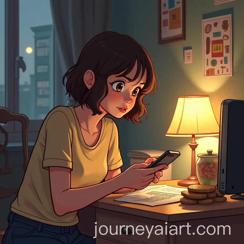 University-Student-Taking-a-Break-with-Snack-and-Phone-in-Evening-Room