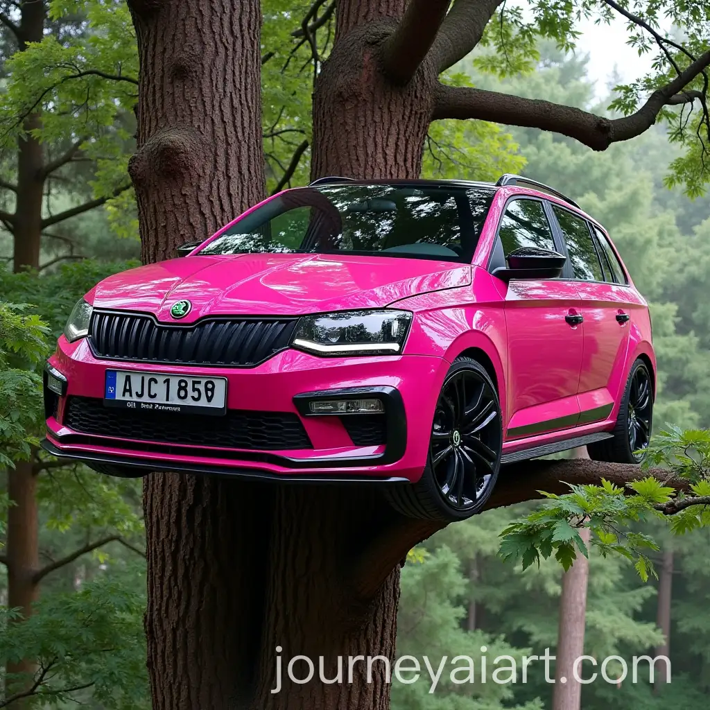 Bright-Pink-Skoda-Fabia-Combi-Tuning-Parked-at-the-Top-of-a-Tree