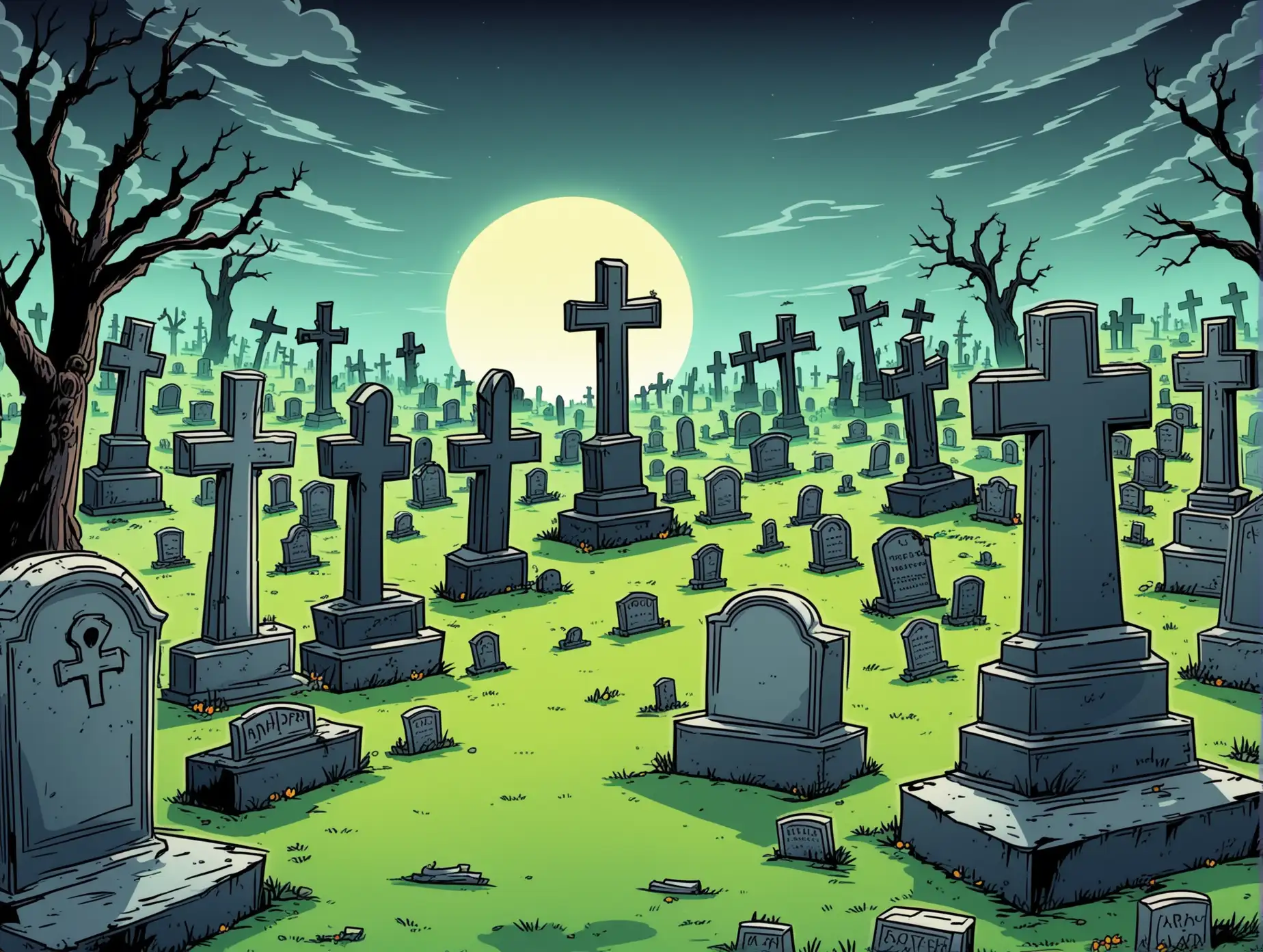 Cartoon Graveyard Scene with Spooky Characters