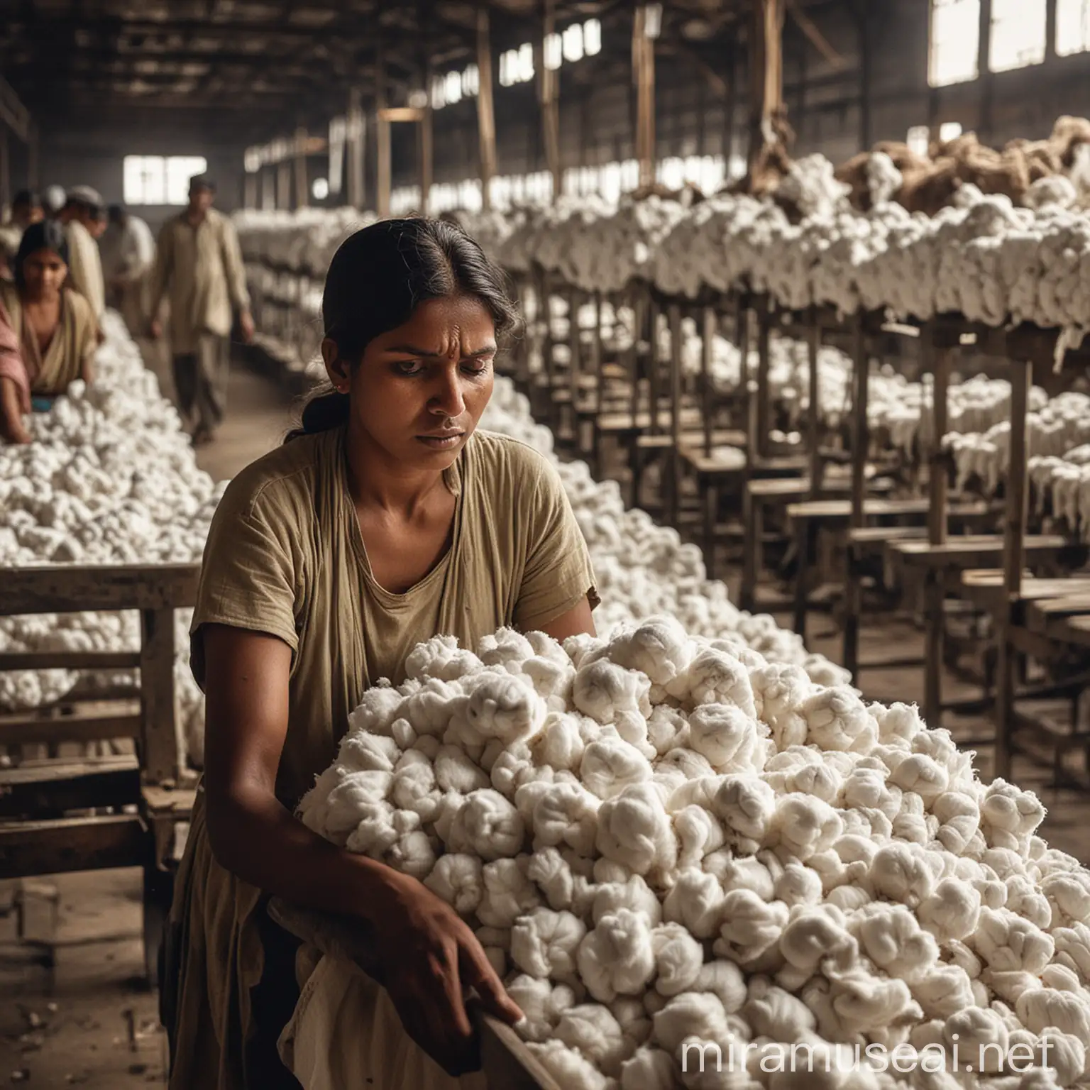 Indian Cotton Mill Workers in Labour Amidst Long Working Hours