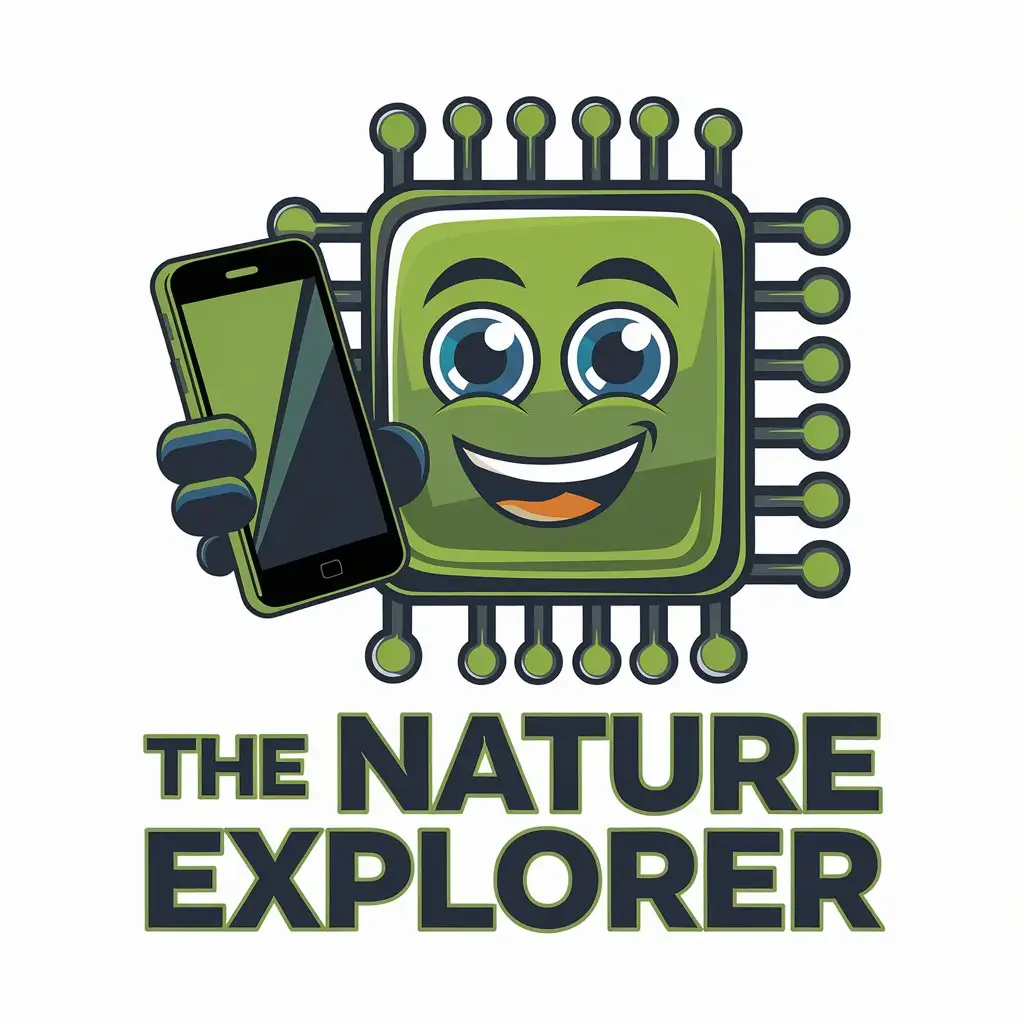 LOGO Design for The Nature Explorer Stylized Microchip Mascot with Smartphone Electric Blues Vibrant Greens Warm Oranges