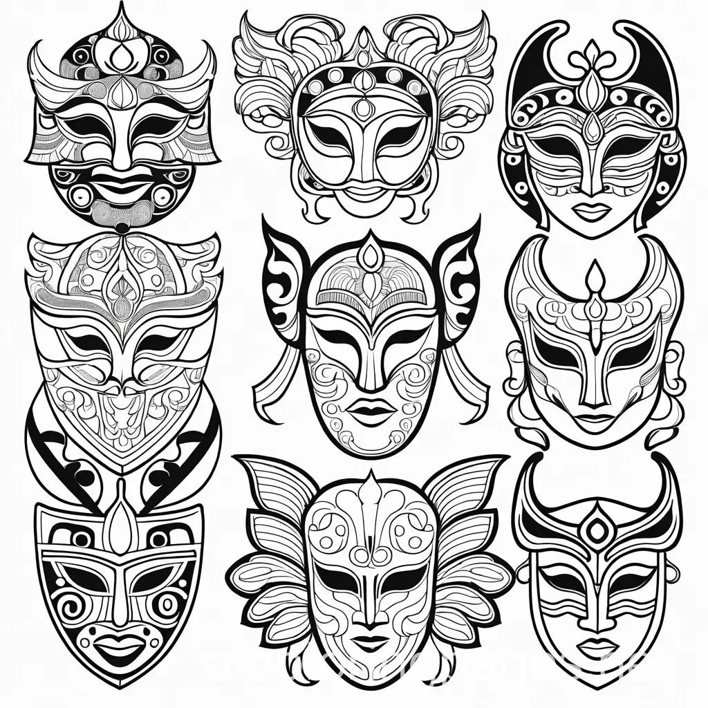 Masks from various cultures with detailed patterns and symbolic elements., Coloring Page, black and white, line art, white background, Simplicity, Ample White Space. The background of the coloring page is plain white to make it easy for young children to color within the lines. The outlines of all the subjects are easy to distinguish, making it simple for kids to color without too much difficulty