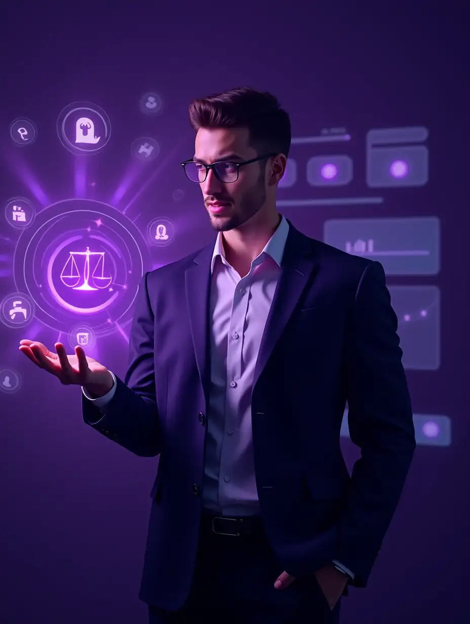 A confident male lawyer standing in front of a digital interface glowing in purple tones, with holographic legal symbols and website elements floating around. Elegant, modern, and professional vibe. Vekalink logo subtly present. Resolution around 2000x1333.