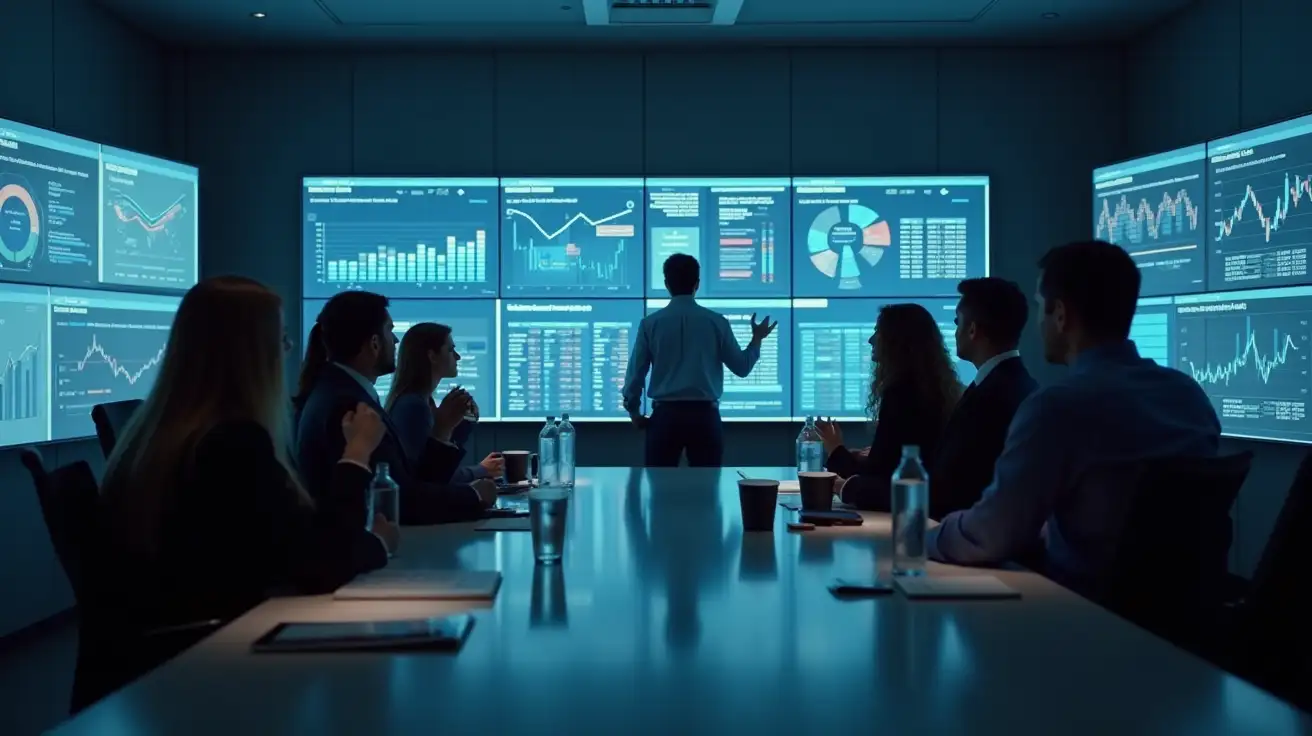 a professional team in a modern boardroom, analyzing risk management charts and discussing strategies. Large digital screens displaying risk analysis data, calm and focused atmosphere, sleek and corporate setting with neutral colors