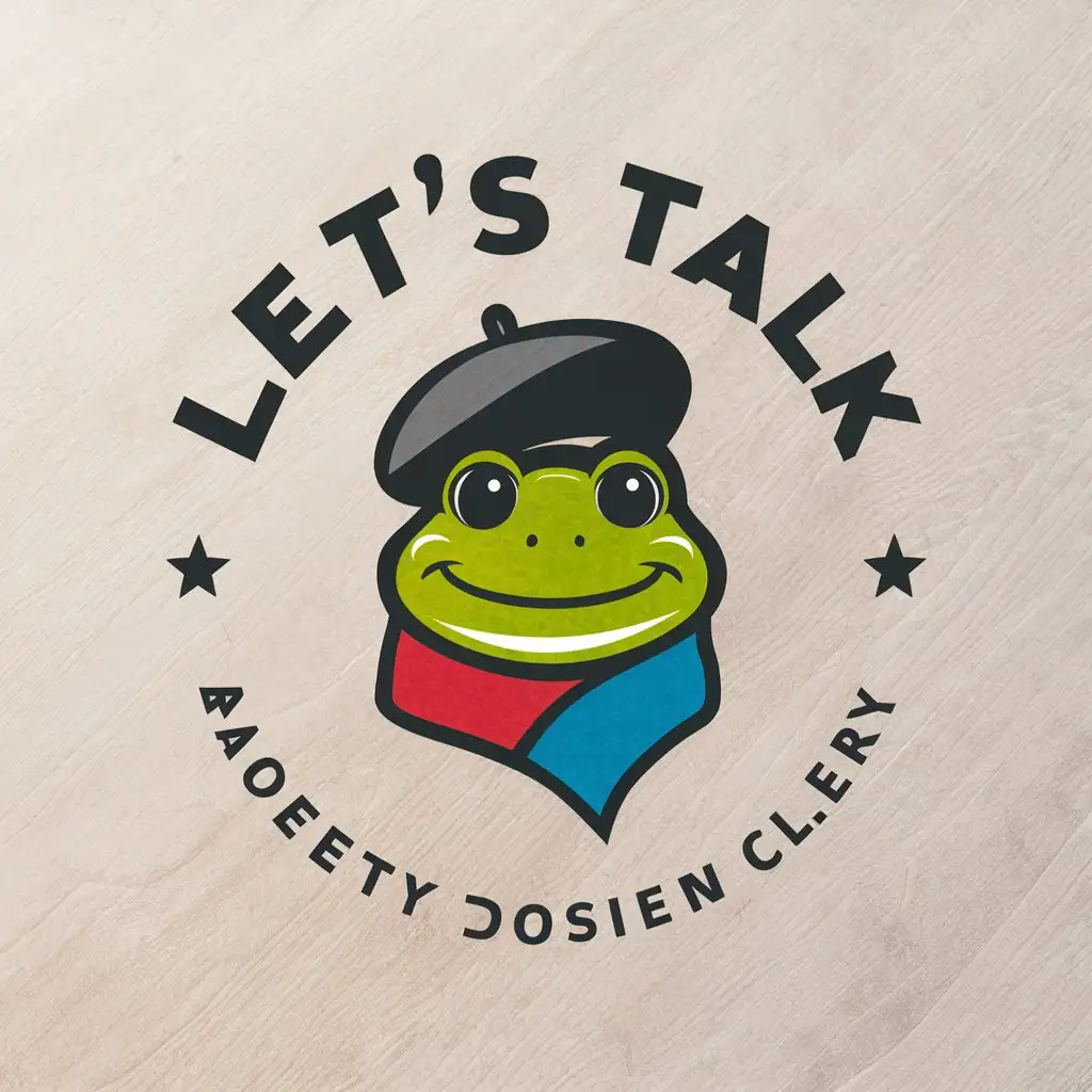 a vector logo design,with the text "Let's talk", main symbol:Logo mascot, a sweet, smiling frog wearing a French beret and a red and blue scarf,Moderate,be used in Education industry,clear background