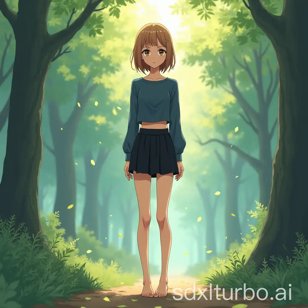 Tall full standing exquisite skinny fashion bold makeup young lady, light-brown hair, crop dark-blue blouse, mini black skirt, barefoot, misty forest, leaves is falling, vivid, vibrant, bright pastel colors, Makoto Shinkai stylized anime