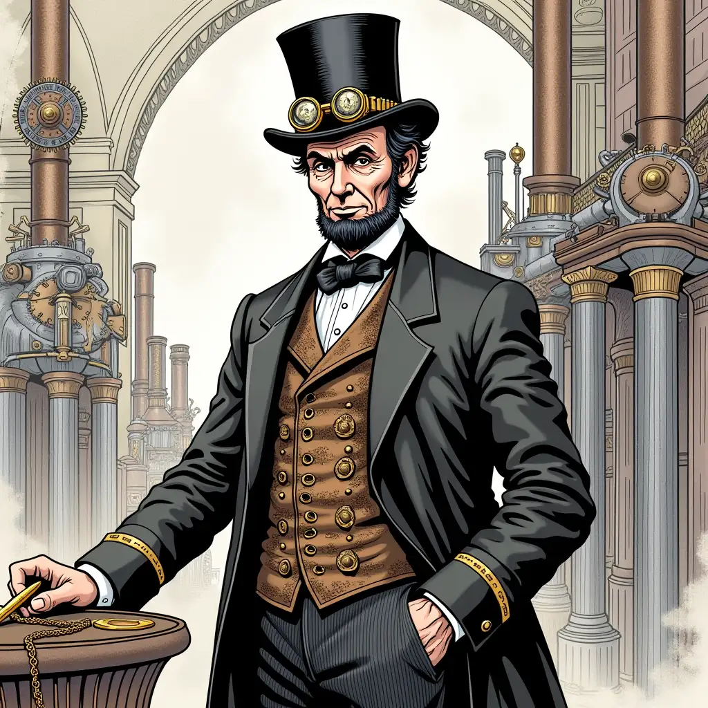 An intricate steampunk reimagining of Abraham Lincoln in a partially colored, detailed Victorian-inspired setting. Lincoln stands tall, wearing a long, tailored frock coat with brass gear accents and a high-collared waistcoat featuring intricate cog patterns. His stovepipe hat, enhanced with steampunk goggles and a brass clock embedded in the brim, is partially shaded in muted black and metallic gold. One sleeve of his coat and parts of his waistcoat are colored with deep browns and bronze hues, while other sections remain line art, inviting the viewer to imagine finishing the coloring. He holds a steampunk-style mechanical quill with a polished brass tip, partially shaded in metallic silver, resting against a half-colored pocket watch chain. The background includes Victorian-style architecture and steam-powered machinery, with a mix of bold line art and hints of copper, rust, and grey tones on some gears and pipes, suggesting the beginning stages of a coloring project. The overall scene maintains intricate details while blending the unfinished and slightly colored sections to inspire creativity.