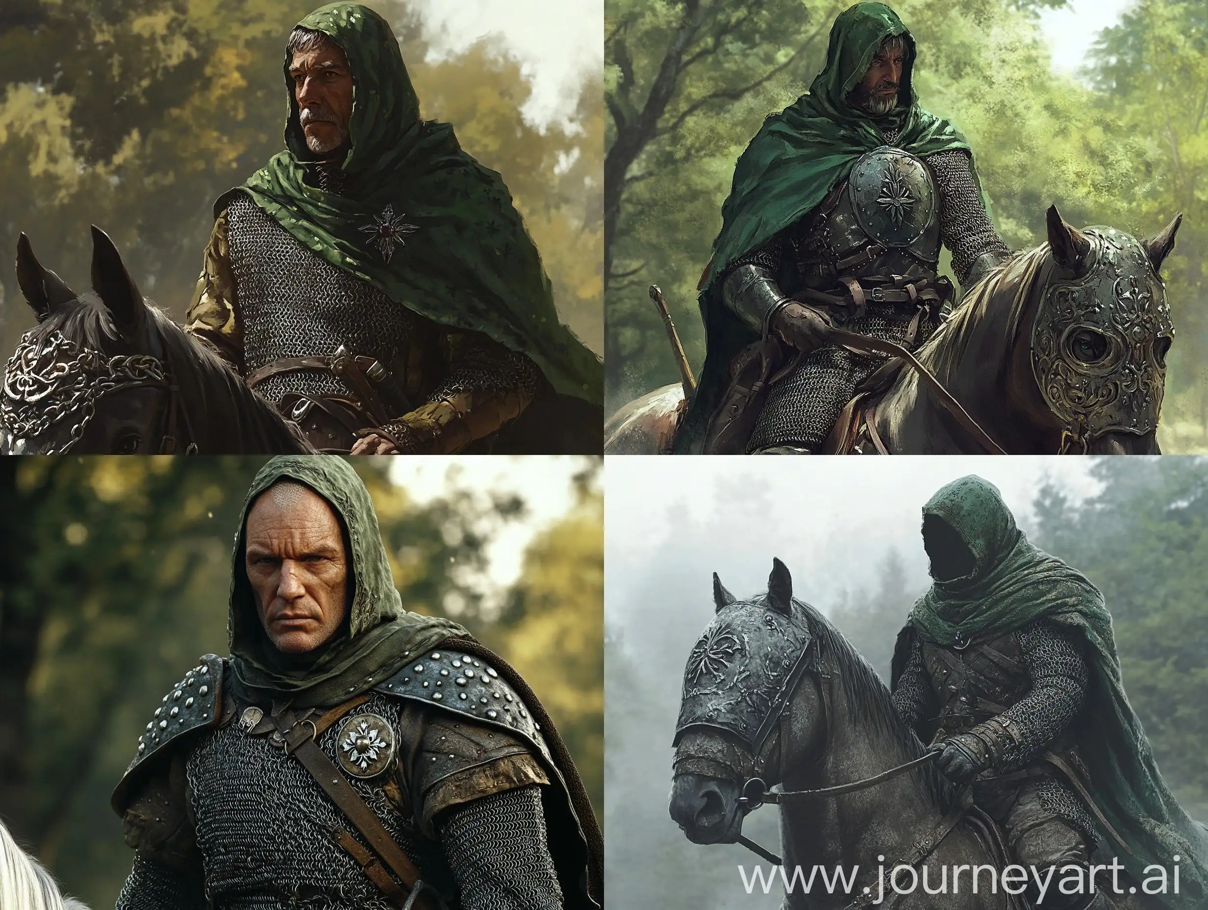 MiddleAged-Warrior-in-Chainmail-Hauberk-Riding-Horse-in-Quiet-Forest