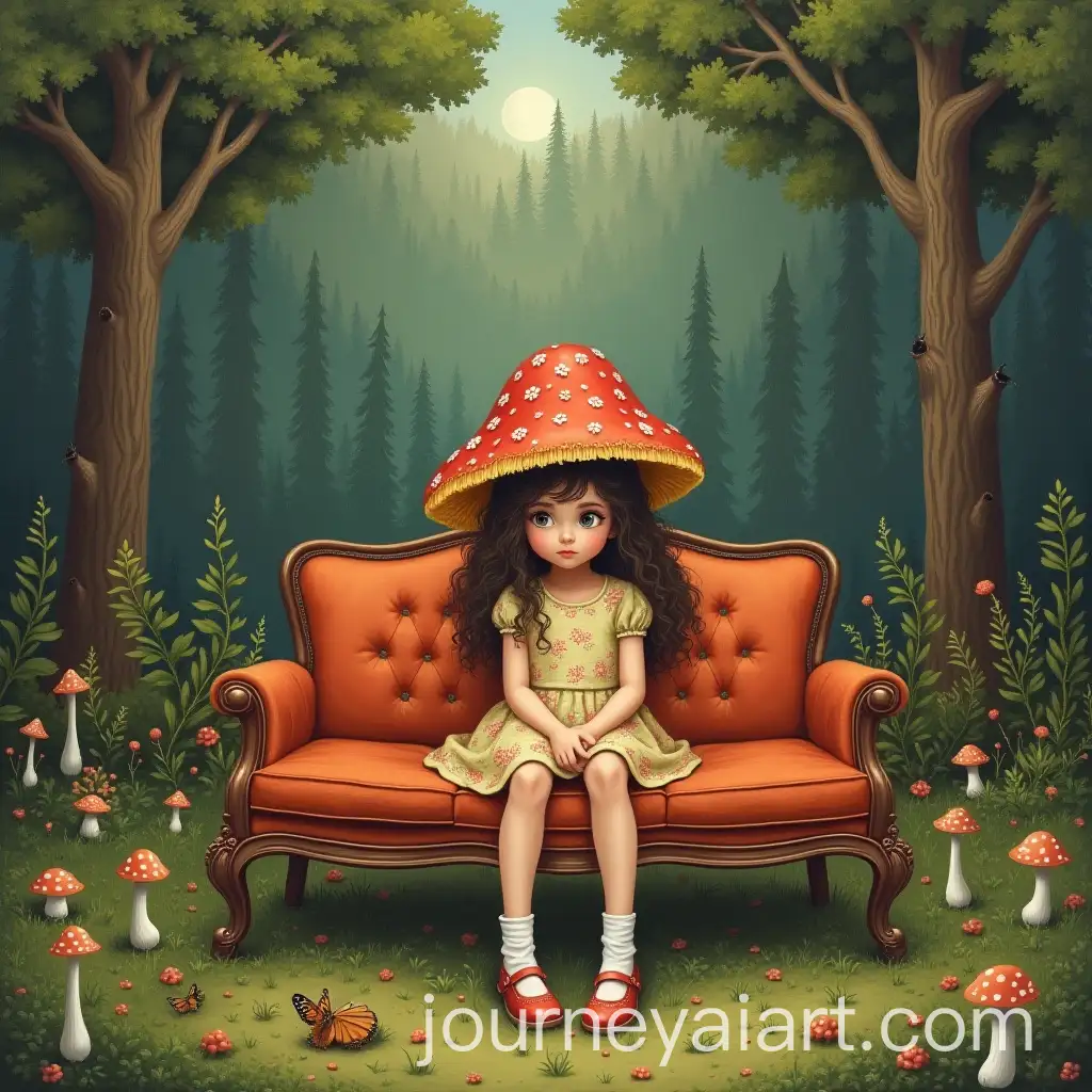 Girl-Sitting-on-a-Sofa-in-the-Forest-with-a-Mushroom-on-Her-Head