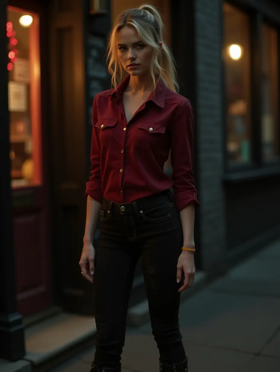 Teagan-Croft-in-Street-Fight-Pose-Dark-Red-Shirt-Combat-Boots-Night-Setting