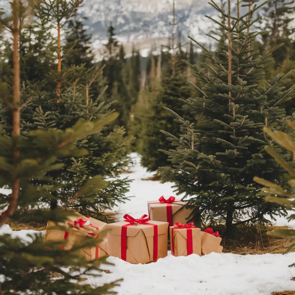 Christmas-Trees-with-Gifts-in-a-Snowy-Forest-Landscape