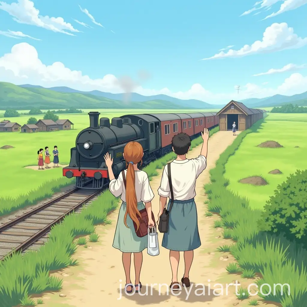 Two-Friends-Saying-Goodbye-at-Rural-Train-Station-with-Vintage-Train-in-Background