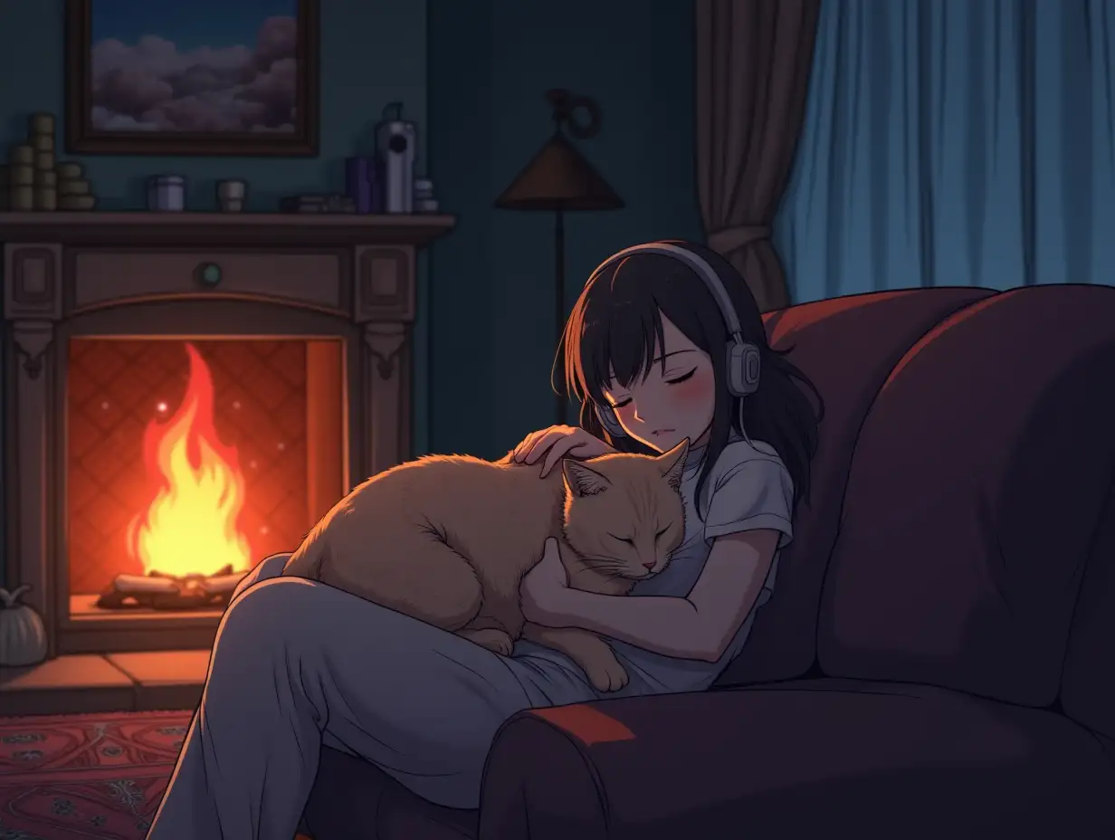 create an lofi anime image where a cat is sleeping on the couch fire place and a girl sleeping on the sofa listening to the music on  earphones