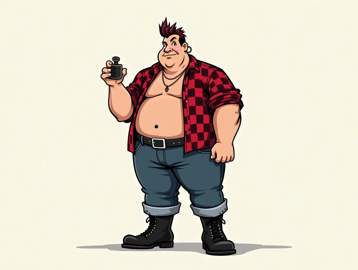 Character: Forty-year-old overweight man, Checkered (red-black) open shirt with sleeves rolled up to the elbow, jeans with a belt with studs, black high boots. Punk movement attributes: Short mohawk hairstyle, hoop earring in one ear. Posing: Character stands with raised to face level hand, holding a brandy flask. Background: Preferably create a neutral background Color palette: Use bright and contrasting colors typical for punk aesthetics, possibly with elements of black and red. Style: Drawing style, possibly with added rough lines and bright accents, to emphasize the punk atmosphere.