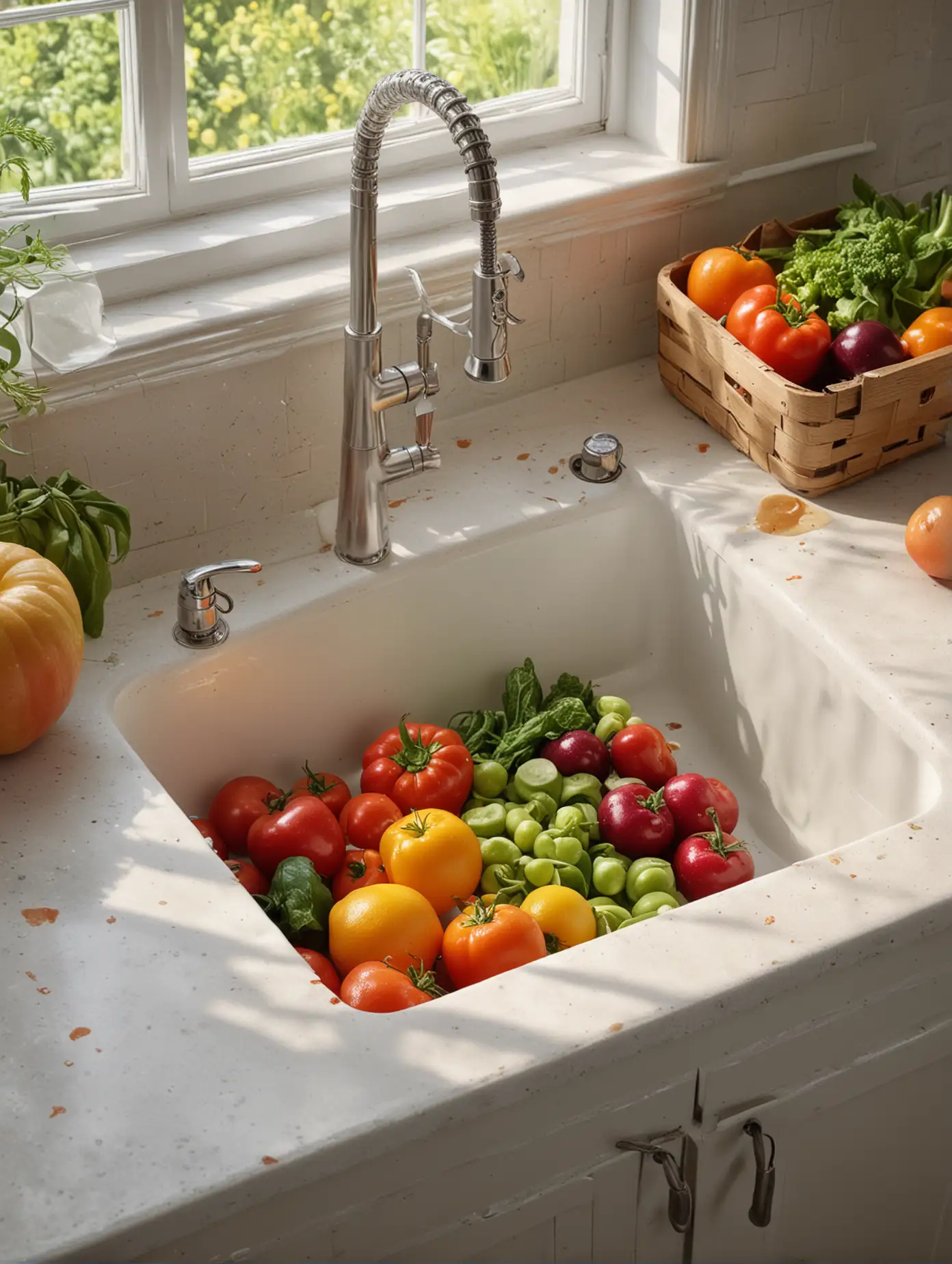 Kitchen, sink, bright, close-up view of the sink, next to vegetables fruits