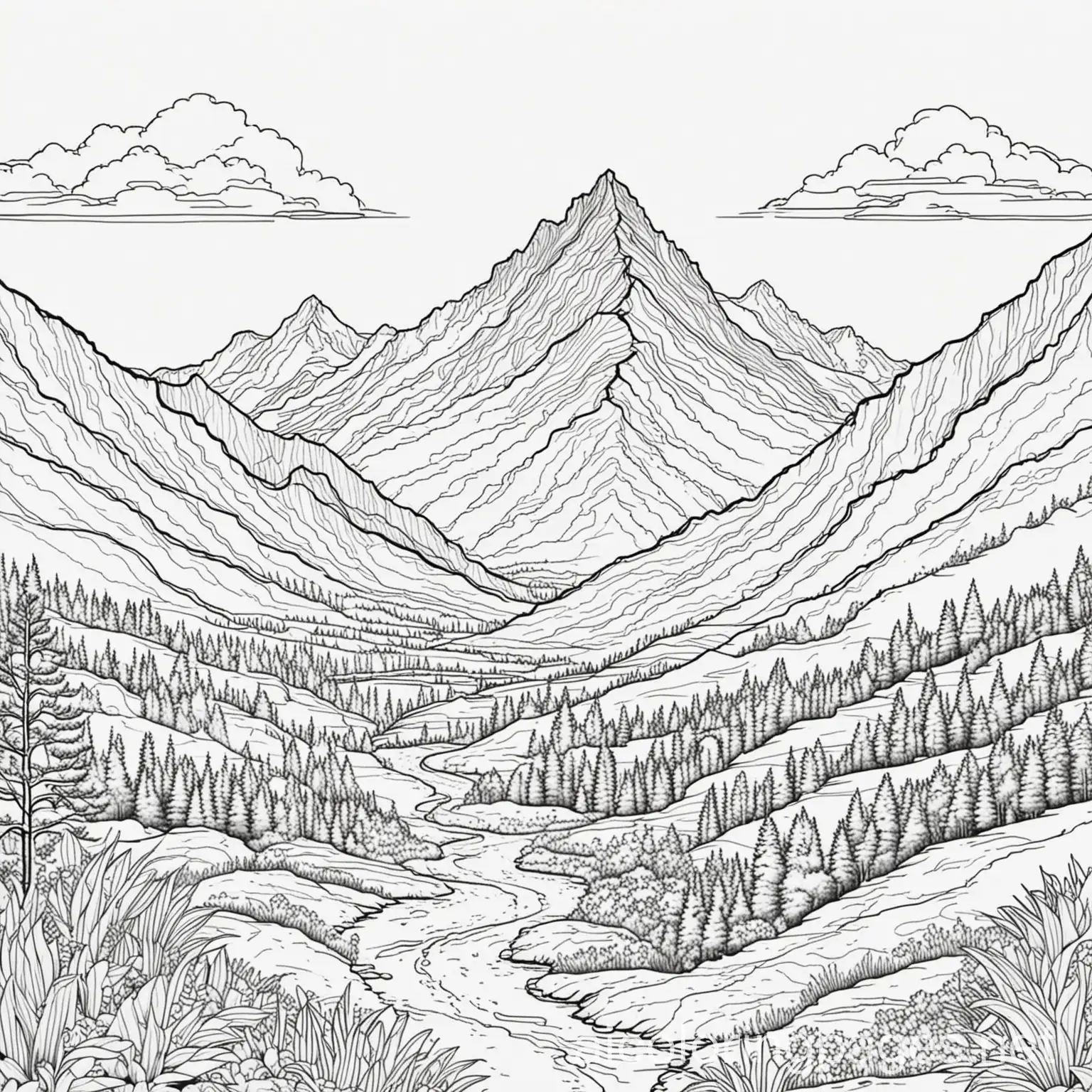 landscape with a mountain, Coloring Page, black and white, line art, white background,, Coloring Page, black and white, line art, white background, Simplicity, Ample White Space. The background of the coloring page is plain white to make it easy for young children to color within the lines. The outlines of all the subjects are easy to distinguish, making it simple for kids to color without too much difficulty