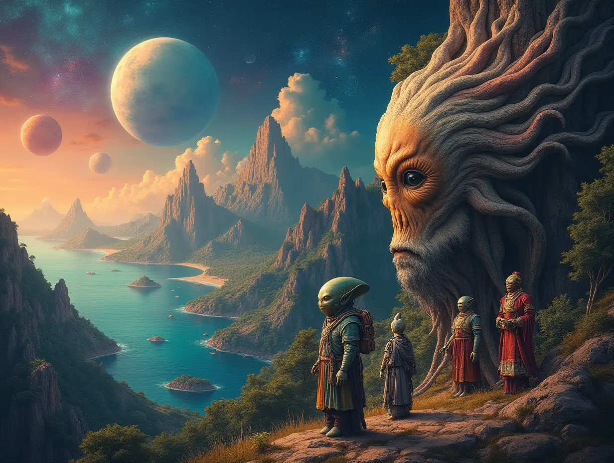 Hyperrealistic portrait of a multiverse time traveler with various alien beings, intricately detailed, colorful forested planets in the background with mountains, pyramids, and sea