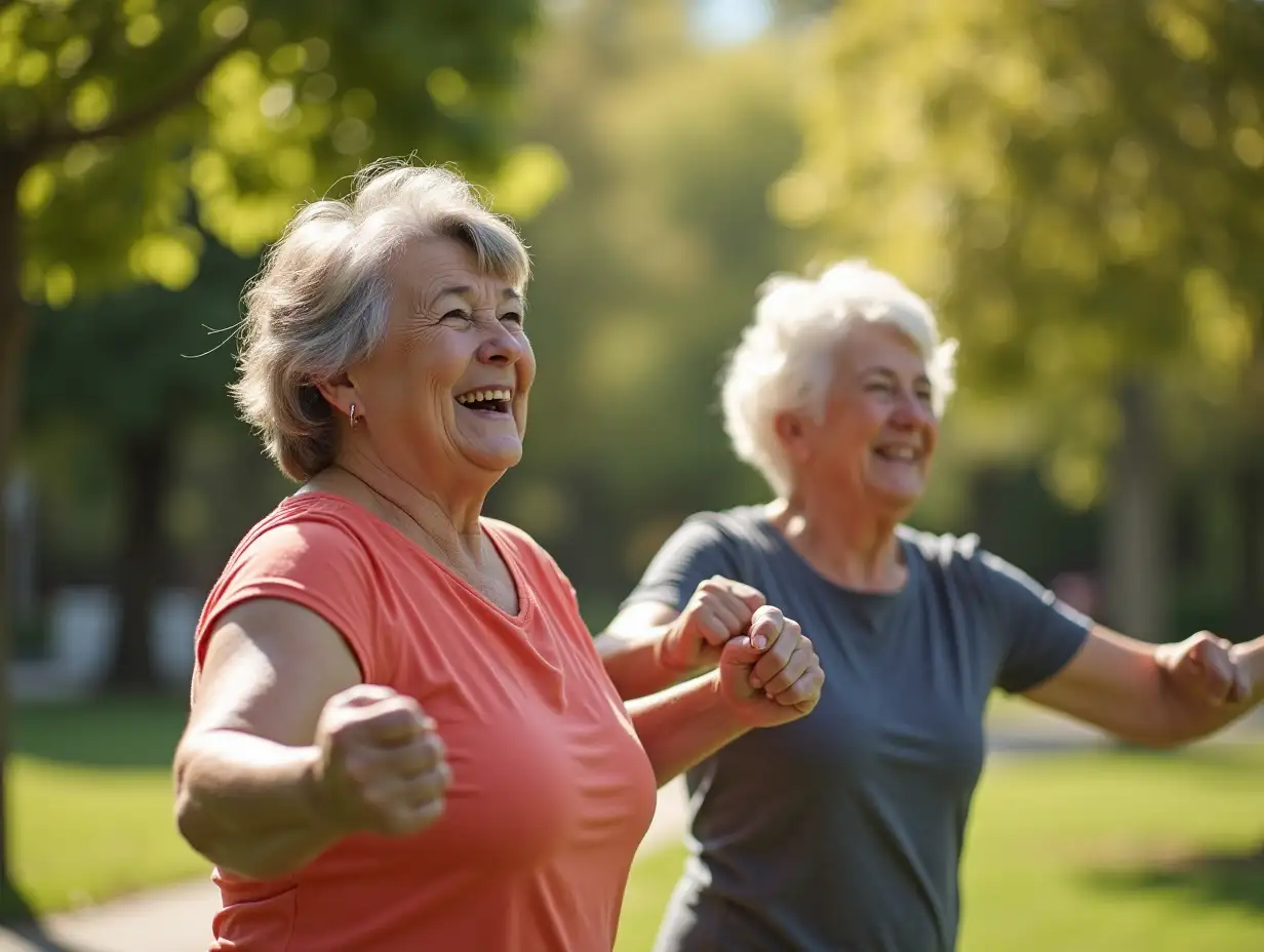 Happy multiracial senior women having fun after workout exercises in the park