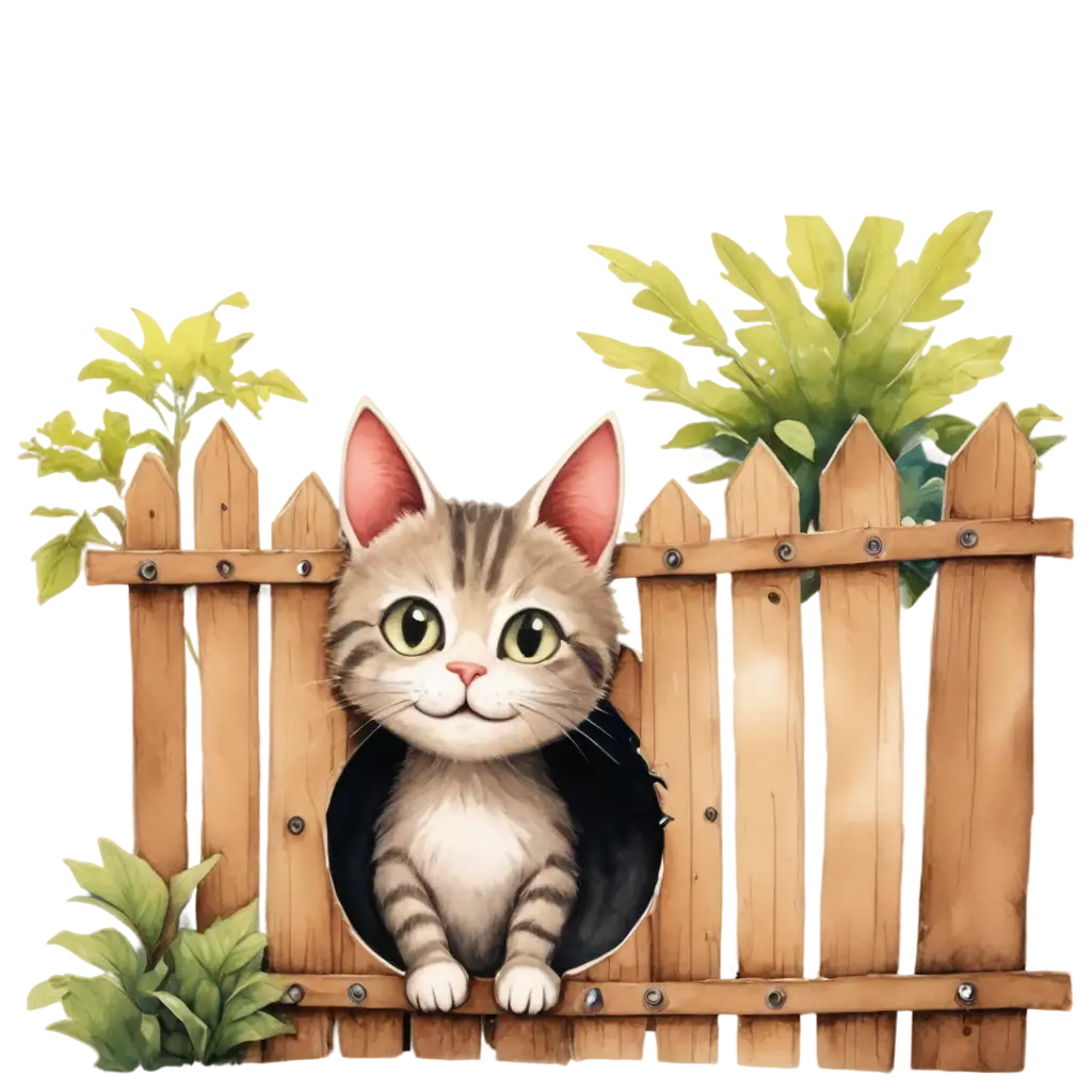 Adorable-PNG-Drawing-Cat-Going-Through-a-Hole-in-the-Fence-in-a-Garden