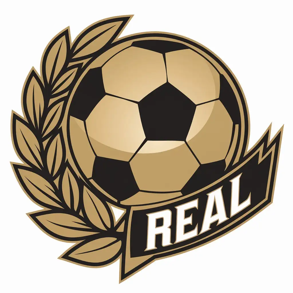 a vector logo design,with the text "Round logo of soccer ball with golden laurel branch text 'Real'", main symbol:soccer ball,Moderate,clear background