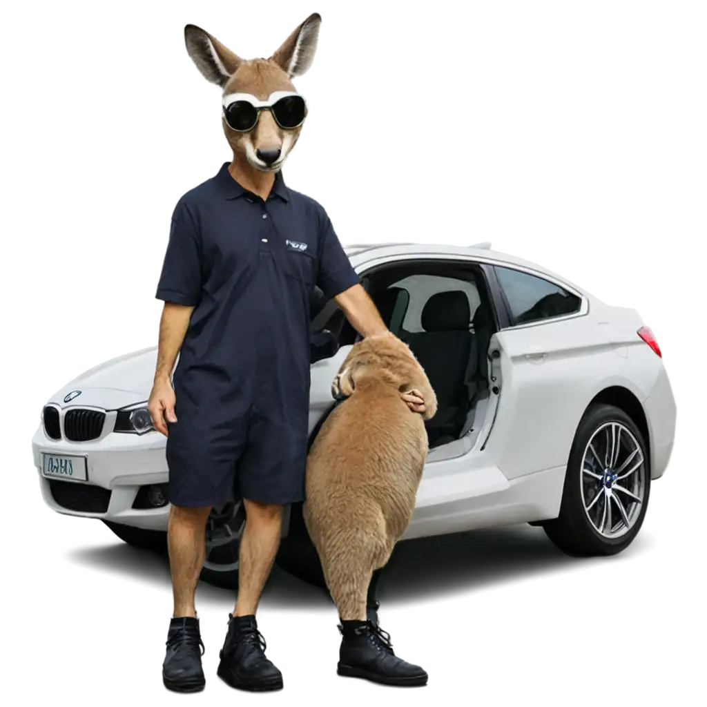a kangaroo man with a BMW car head, fixing the car