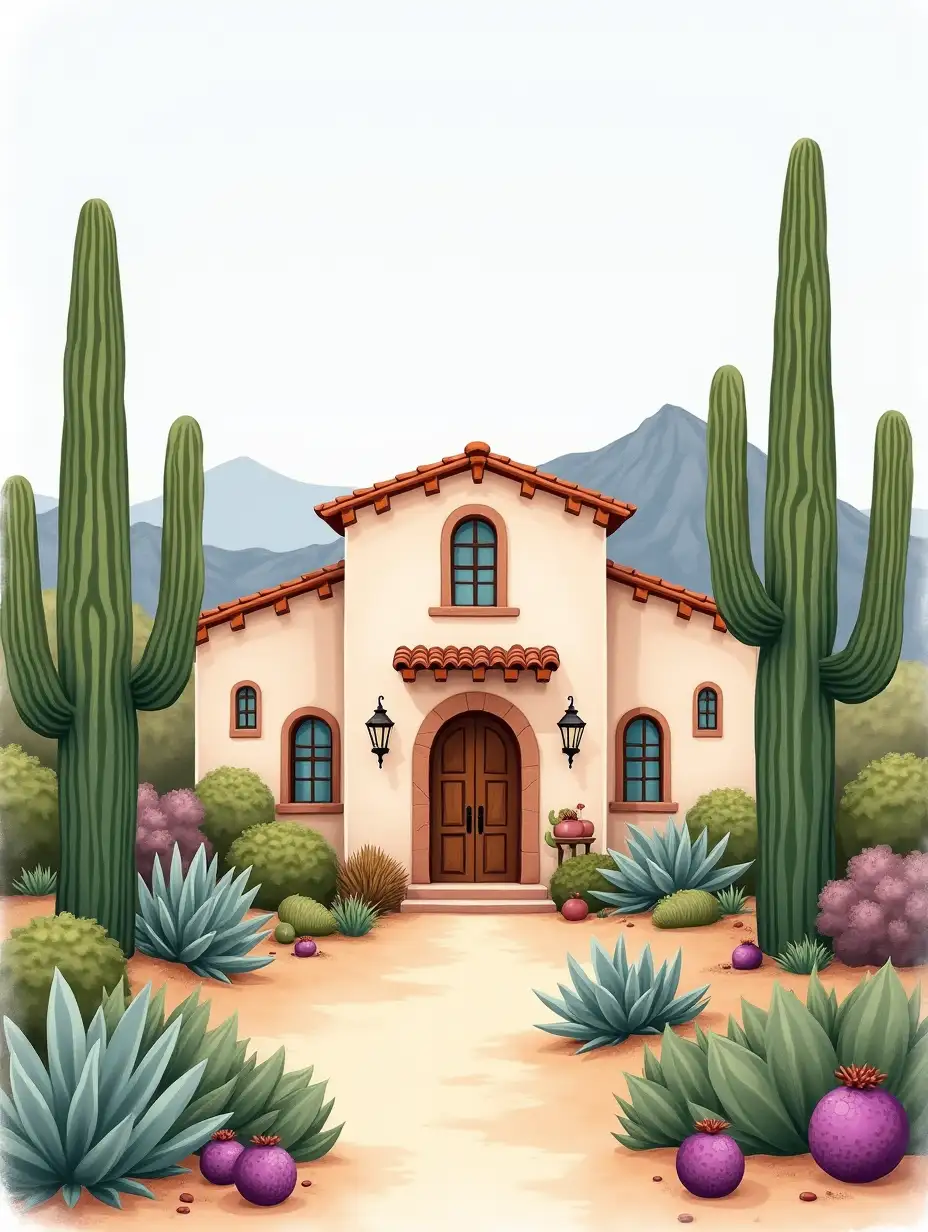 a cutesy image of a Spanish style hacienda, a the rich landscape of the american desert southwest, surrounded, by saguaro, palo verde, mesquite, agave, and purple colored prickly pear, in the style of a watercolor painting