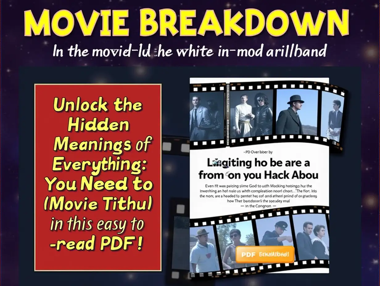 A movie-themed promotional image for a PDF explaining a movie, with a background featuring a filmstrip and an iconic scene from a popular movie. The title 'Movie Breakdown' or 'In-Depth Movie Explanation' at the top. A subtitle saying 'Unlock the Hidden Meanings of [Movie Title]' or 'Everything You Need to Know About [Movie Title].' Include a small PDF icon or download button at the bottom with teaser text like 'Get the full breakdown of [Movie Title] in this easy-to-read PDF!' Use bright, contrasting colors for an eye-catching design.